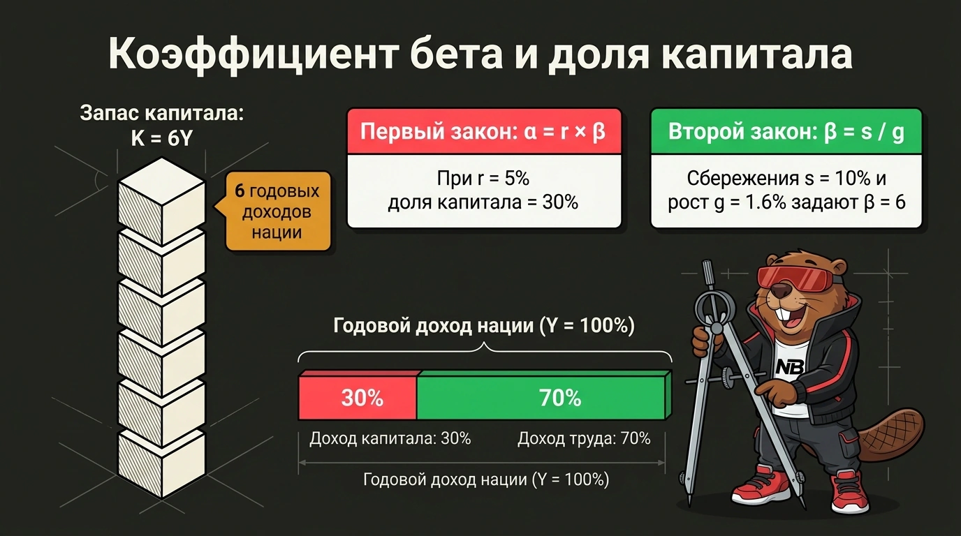 Инфографика соотношения капитала и национального дохода: визуализация коэффициента бета и разделения годового дохода на капитал и труд.