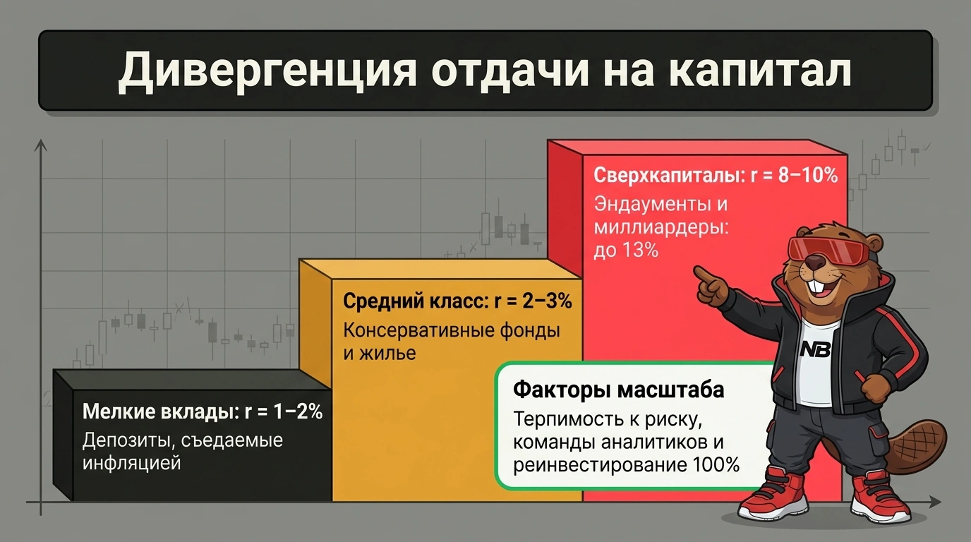 Инфографика дивергенции доходности: ступенчатая лестница нормы прибыли на капитал от мелких вкладов до эндаументов и миллиардеров.