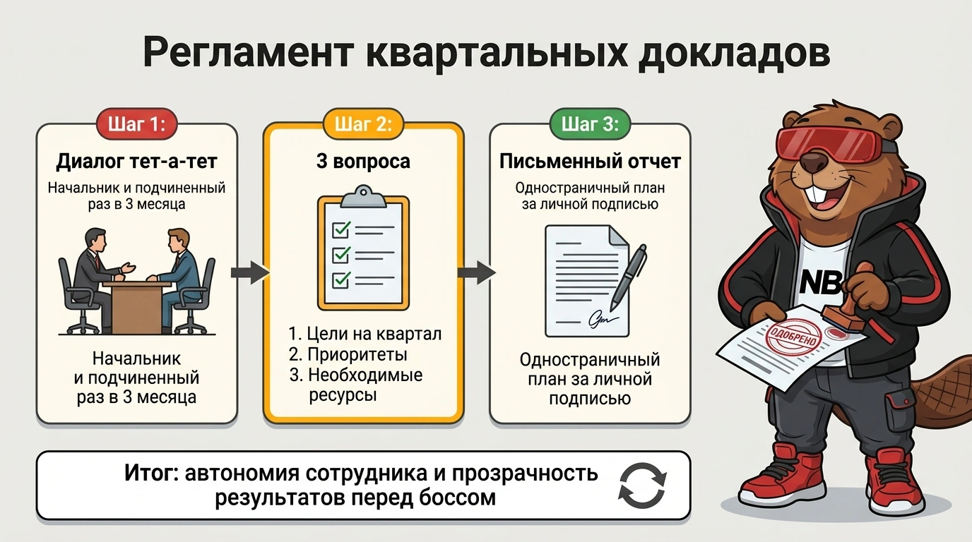 Инфографика регламента квартальных докладов: пошаговый цикл диалога начальника и подчиненного с тремя обязательными вопросами.
