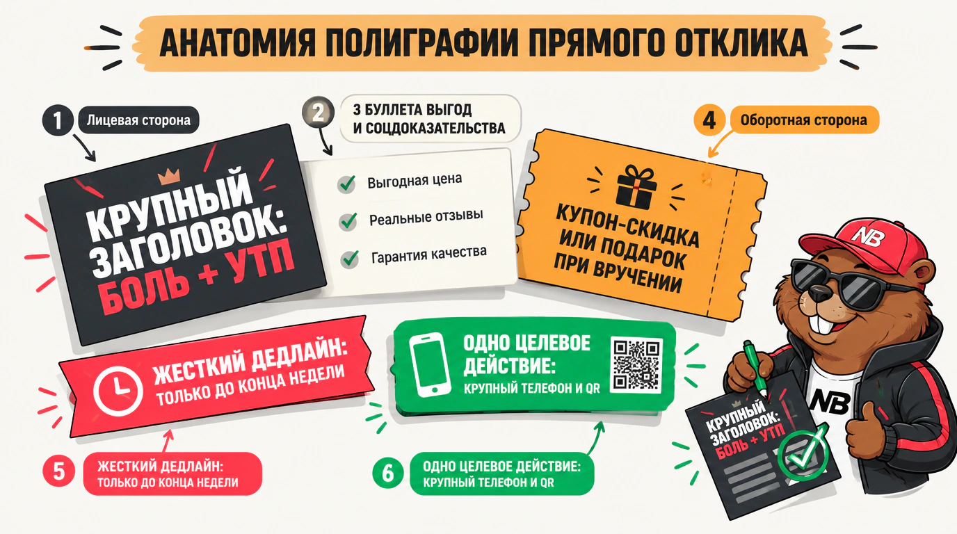 Инфографика анатомии продающей полиграфии прямого отклика: структура визитки-купона, оффер ODC, дедлайн и призыв к действию