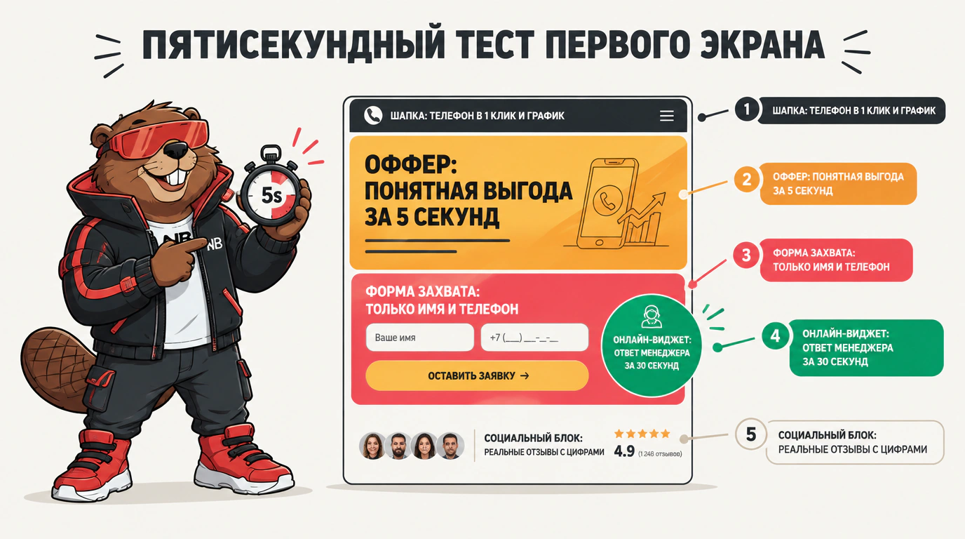 Инфографика пятисекундного теста первого экрана продающего лендинга: структура элементов высокой конверсии