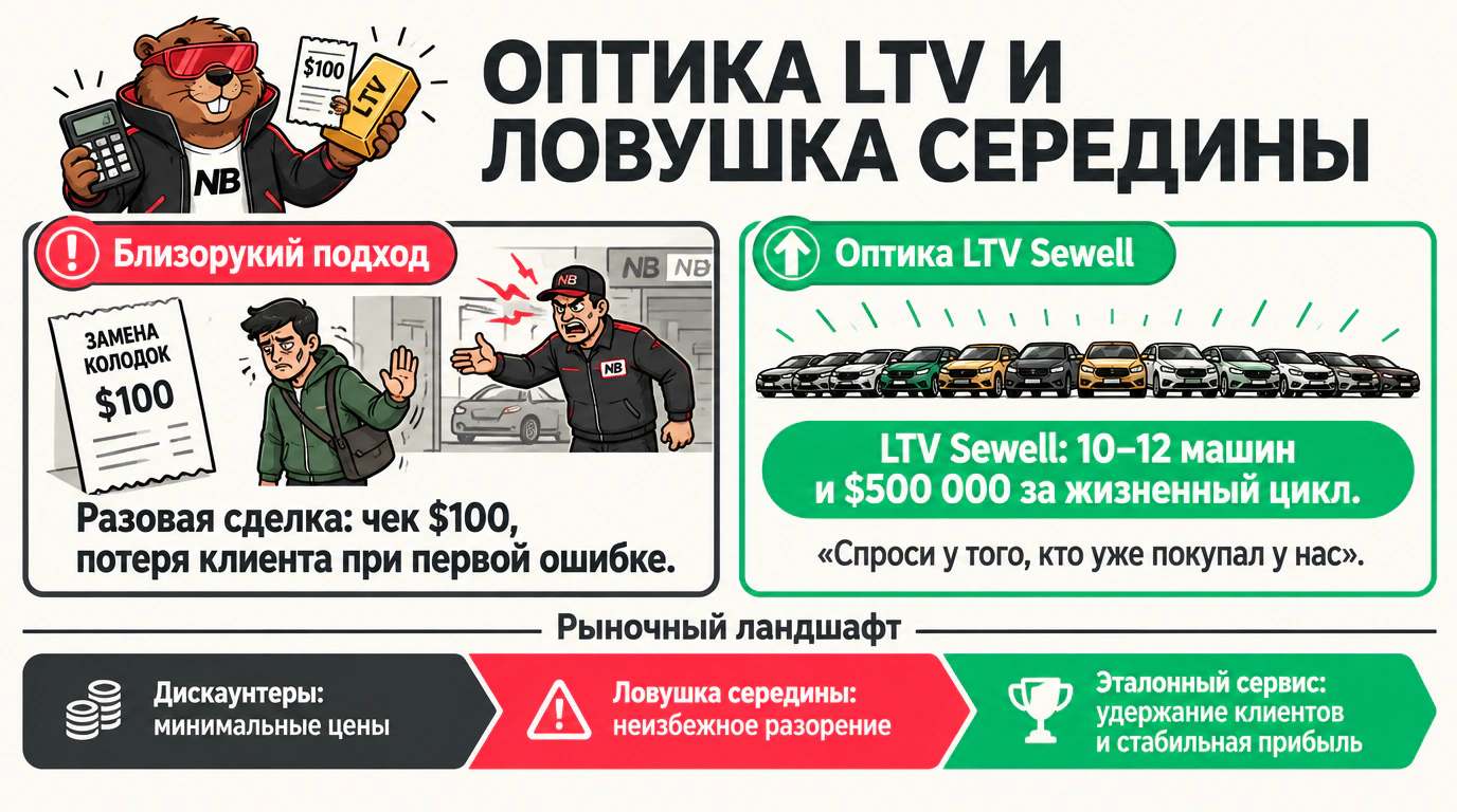 Инфографика пожизненной ценности клиента: сравнение разовой сделки с LTV и преодоление ловушки середины
