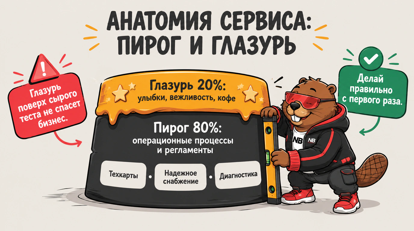 Инфографика структуры сервиса: операционная система как пирог и вежливость как глазурь