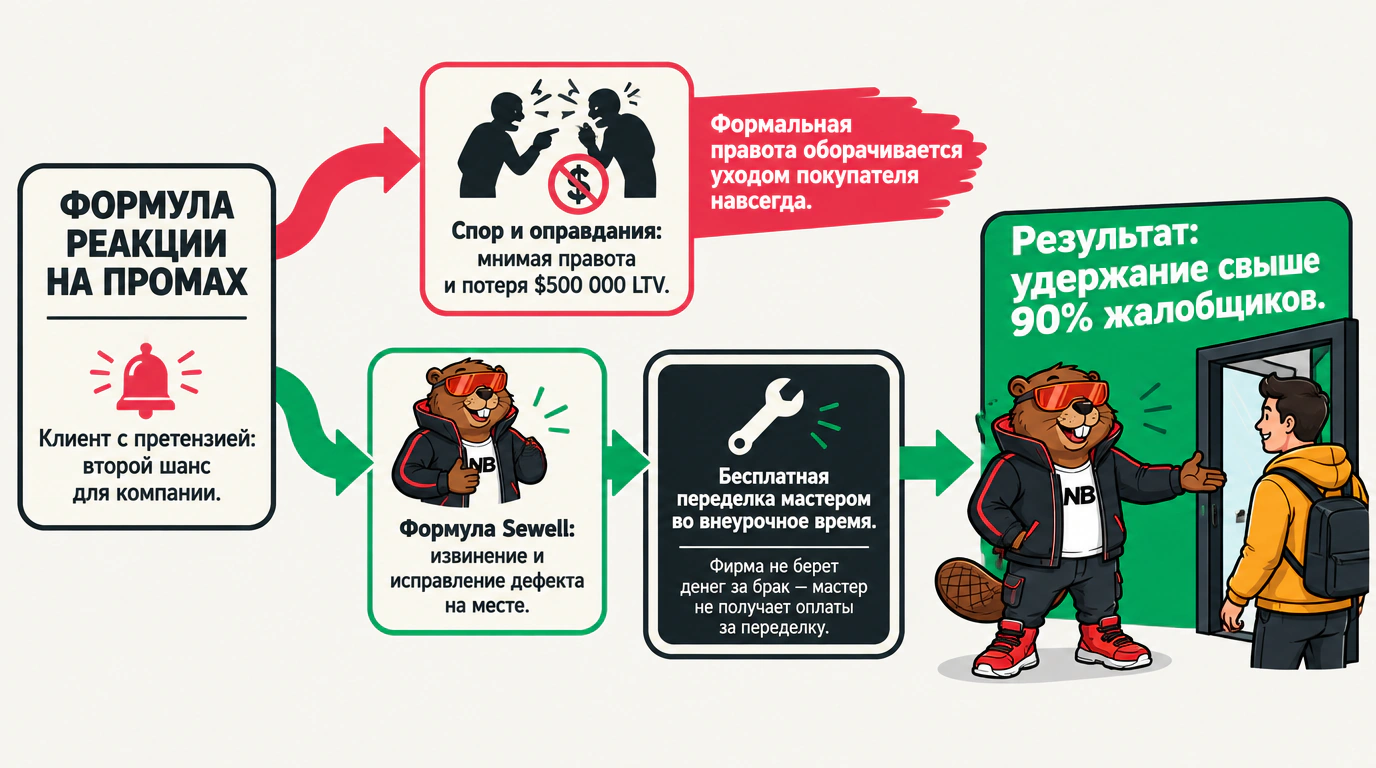 Инфографика формулы реакции на промах: сравнение спора с клиентом и двухшагового алгоритма Sewell
