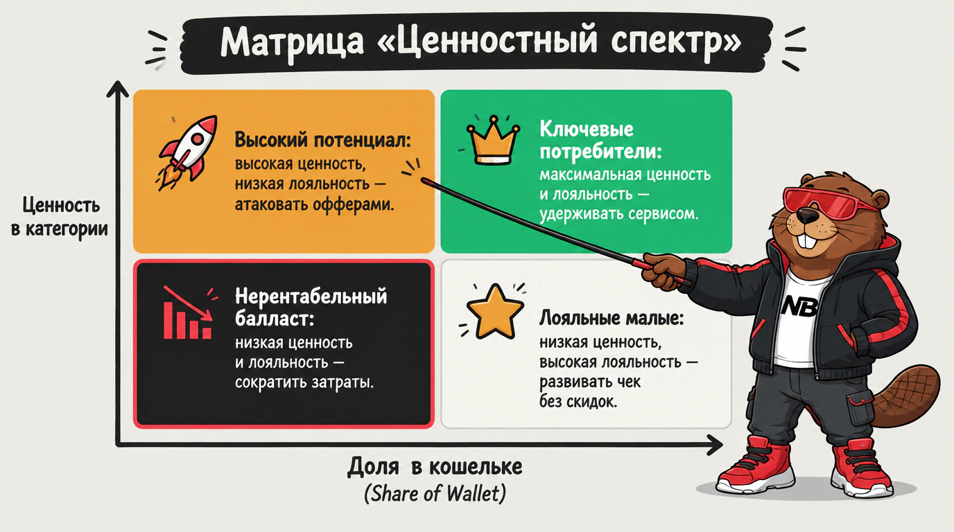 Инфографика матрицы ценностного спектра клиентов по ценности в категории и доле в кошельке