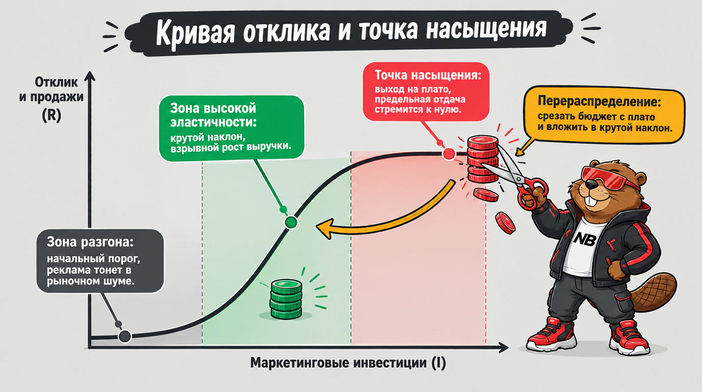 Инфографика кривой отклика рекламного канала с точкой насыщения и перераспределением бюджета
