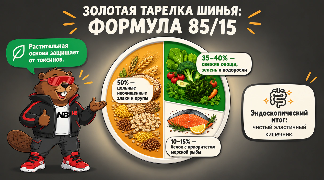 Инфографика тарелки долголетия доктора Шинья с пропорциями 50% цельных злаков, 35–40% овощей и 10–15% рыбы.
