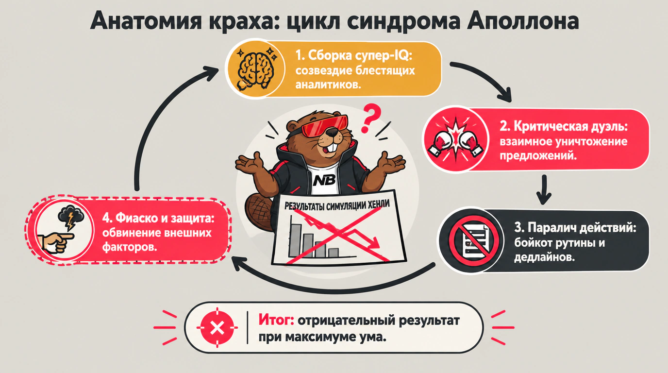 Инфографика 4-этапного цикла синдрома Аполлона: от концентрации высокого IQ к критической дуэли, параличу решений и сокрушительному фиаско