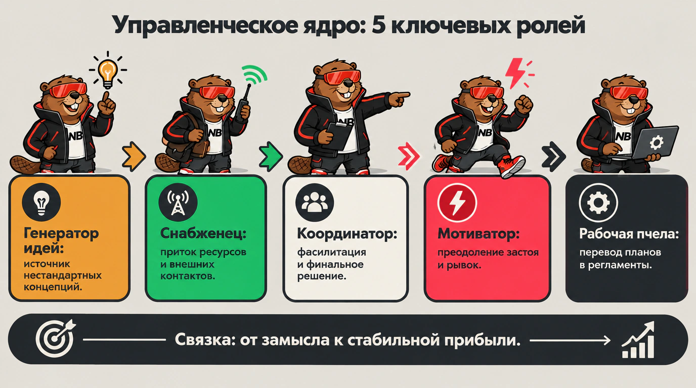 Инфографика пяти ключевых ролей управленческого ядра Белбина: функциональный цикл от идеи до практического регламента
