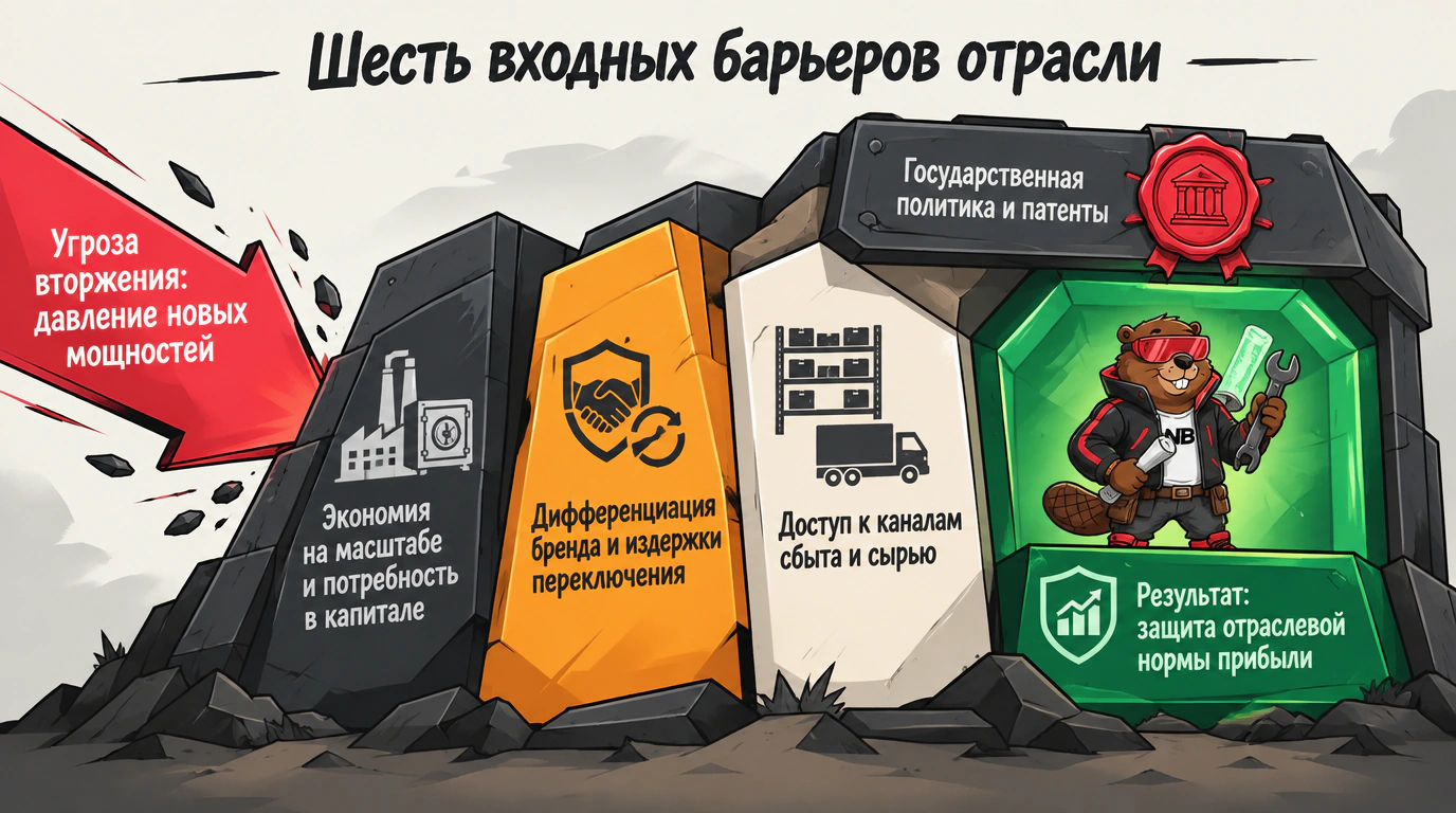 2D-инфографика структуры шести входных барьеров, защищающих отраслевую рентабельность от наплыва новых мощностей.