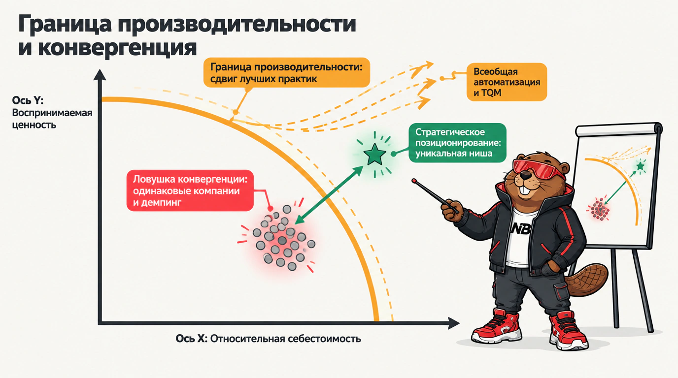2D-инфографика границы производственных возможностей Майкла Портера и ловушки конкурентной конвергенции.