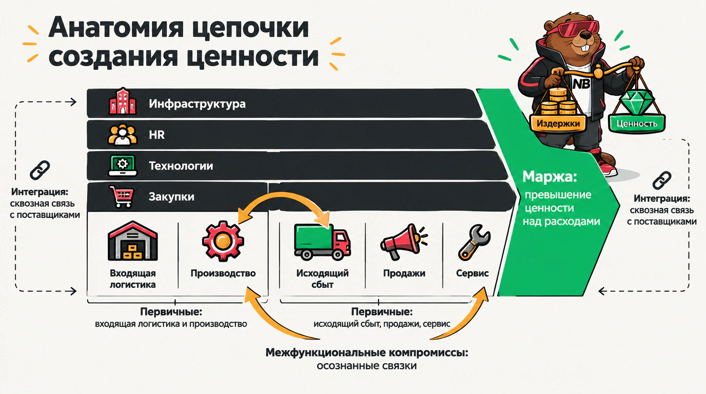 2D-инфографика классической цепочки создания ценности Майкла Портера из девяти видов деятельности с компромиссами и маржой.