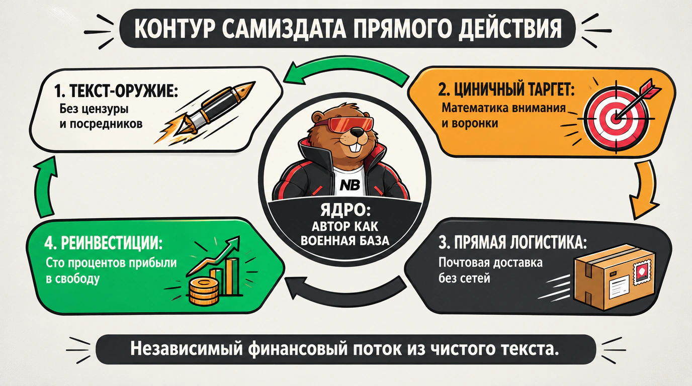 Инфографика автономного цикла вирусного самиздата: писатель как суверенная военная база.