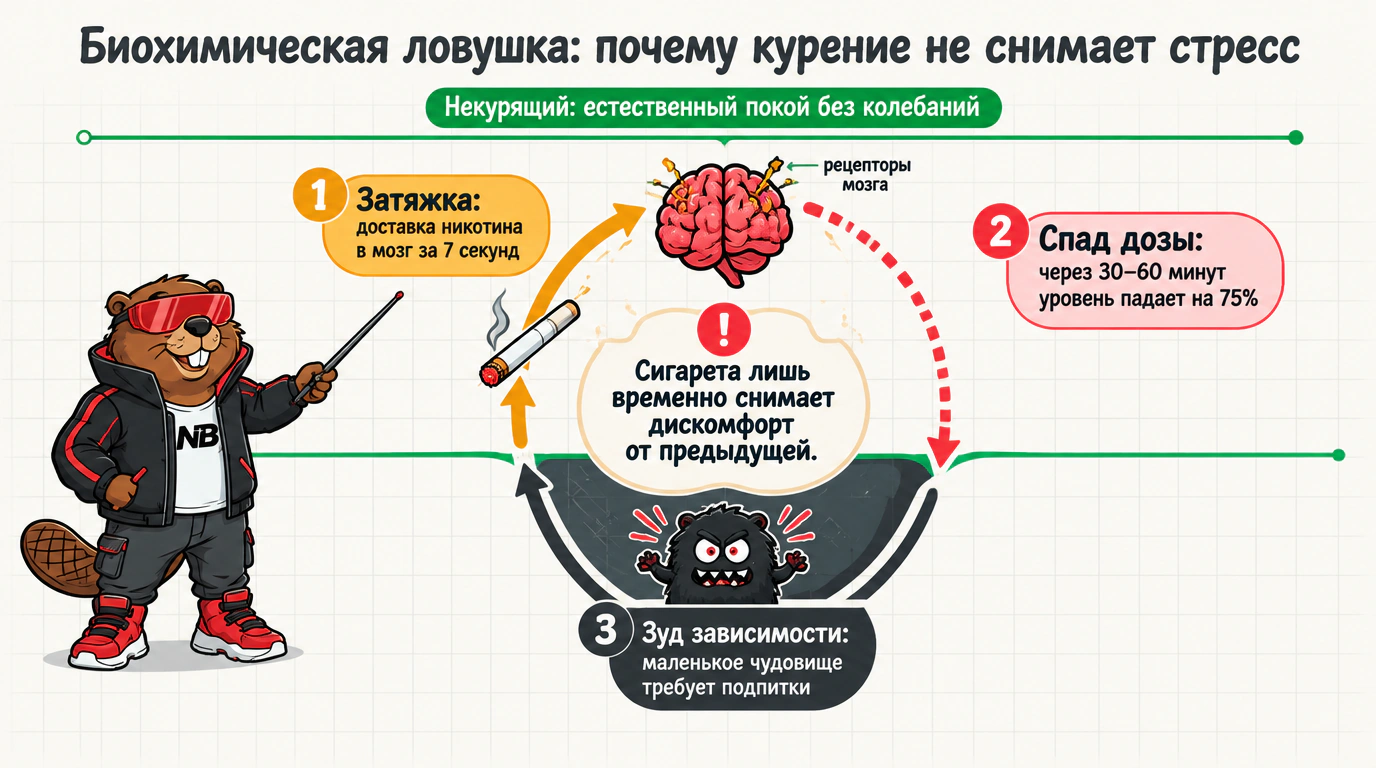 Инфографика биохимического круга никотиновой зависимости: падение уровня никотина и иллюзия облегчения