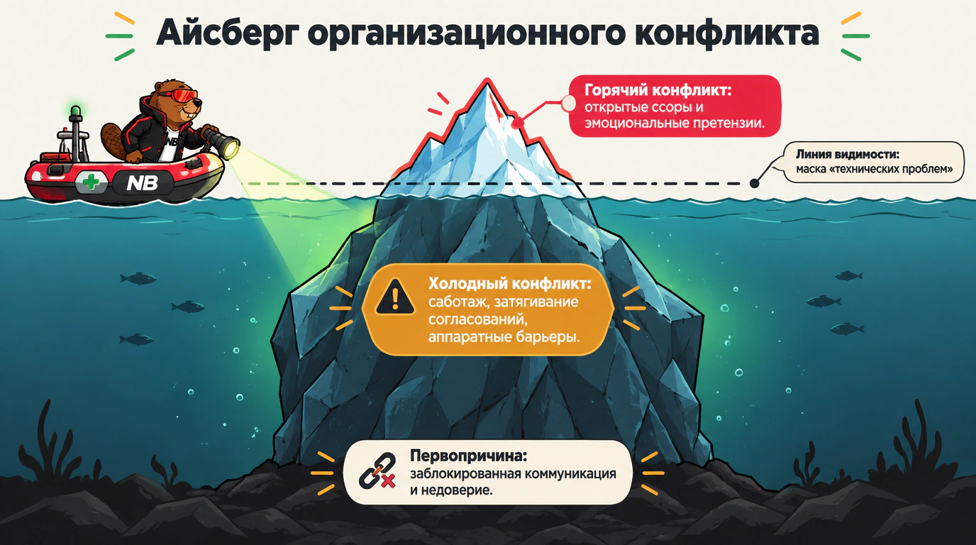 Инфографика «Айсберг конфликта»: видимая верхушка горячих споров и скрытый массив холодного противостояния.