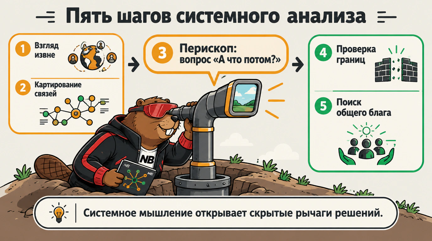 Инфографика: пятишаговый алгоритм системного мышления лидера-посредника для анализа конфликта.