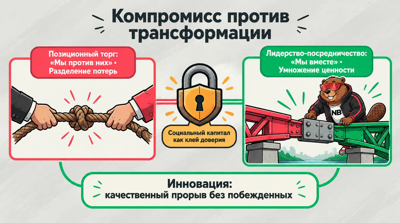 Инфографика: отличие компромисса как разделения потерь от трансформации конфликта в системную инновацию.