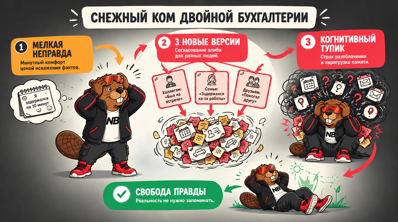 Инфографика механизма «двойной бухгалтерии памяти» и снежного кома повседневной лжи.