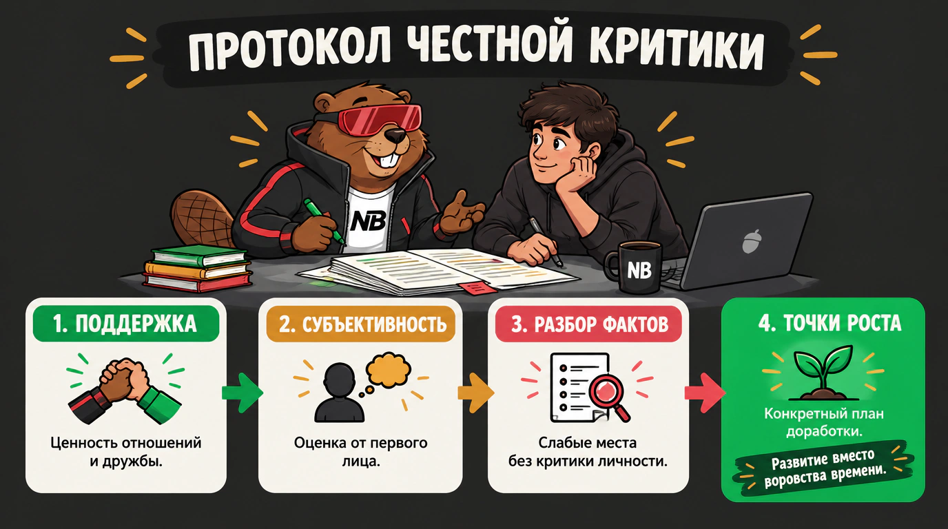 Инфографика 4-шагового протокола честной критики: как поддержать близкого без разрушительной лести.