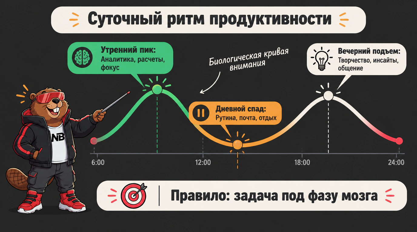 Инфографика суточного цикла продуктивности: распределение аналитических, рутинных и творческих задач по фазам дня