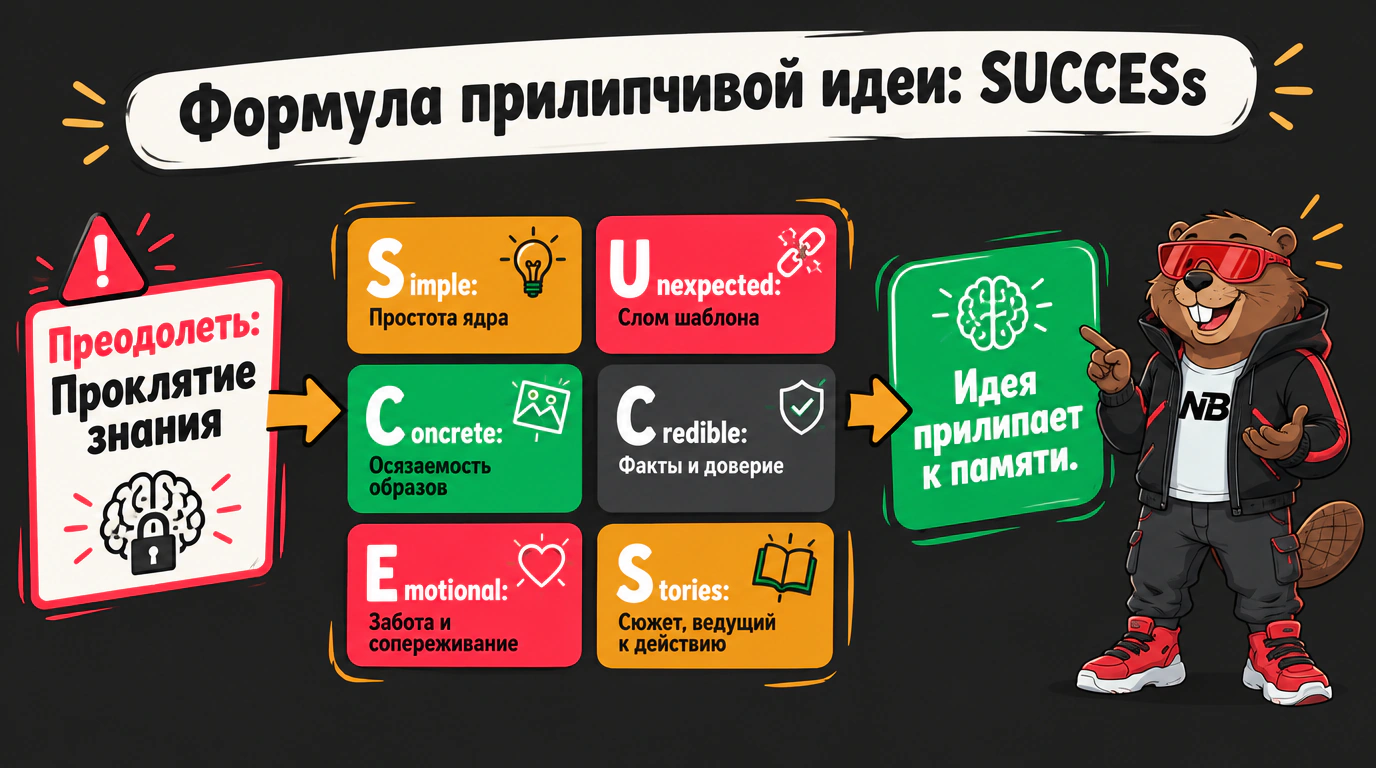 Инфографика формулы SUCCESs: шесть элементов преодоления проклятия знания для создания прилипчивой идеи