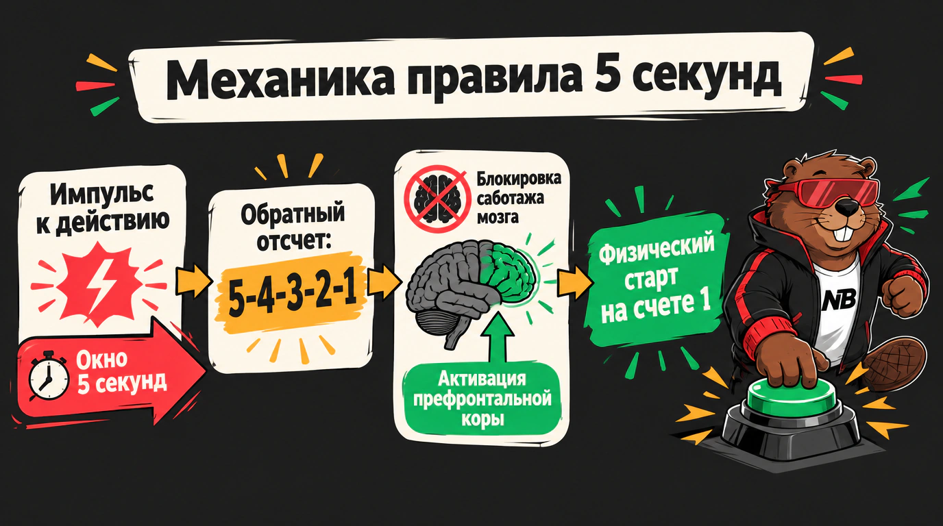 Инфографика механики правила пяти секунд: перехват управления префронтальной корой через обратный отсчет
