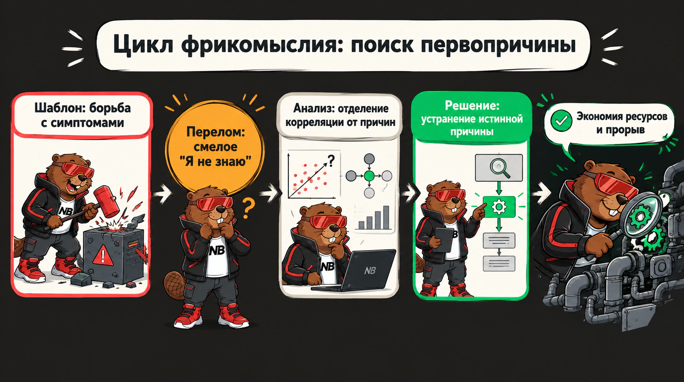 Инфографика цикла фрикомыслия: переход от борьбы с симптомами к поиску истинной первопричины