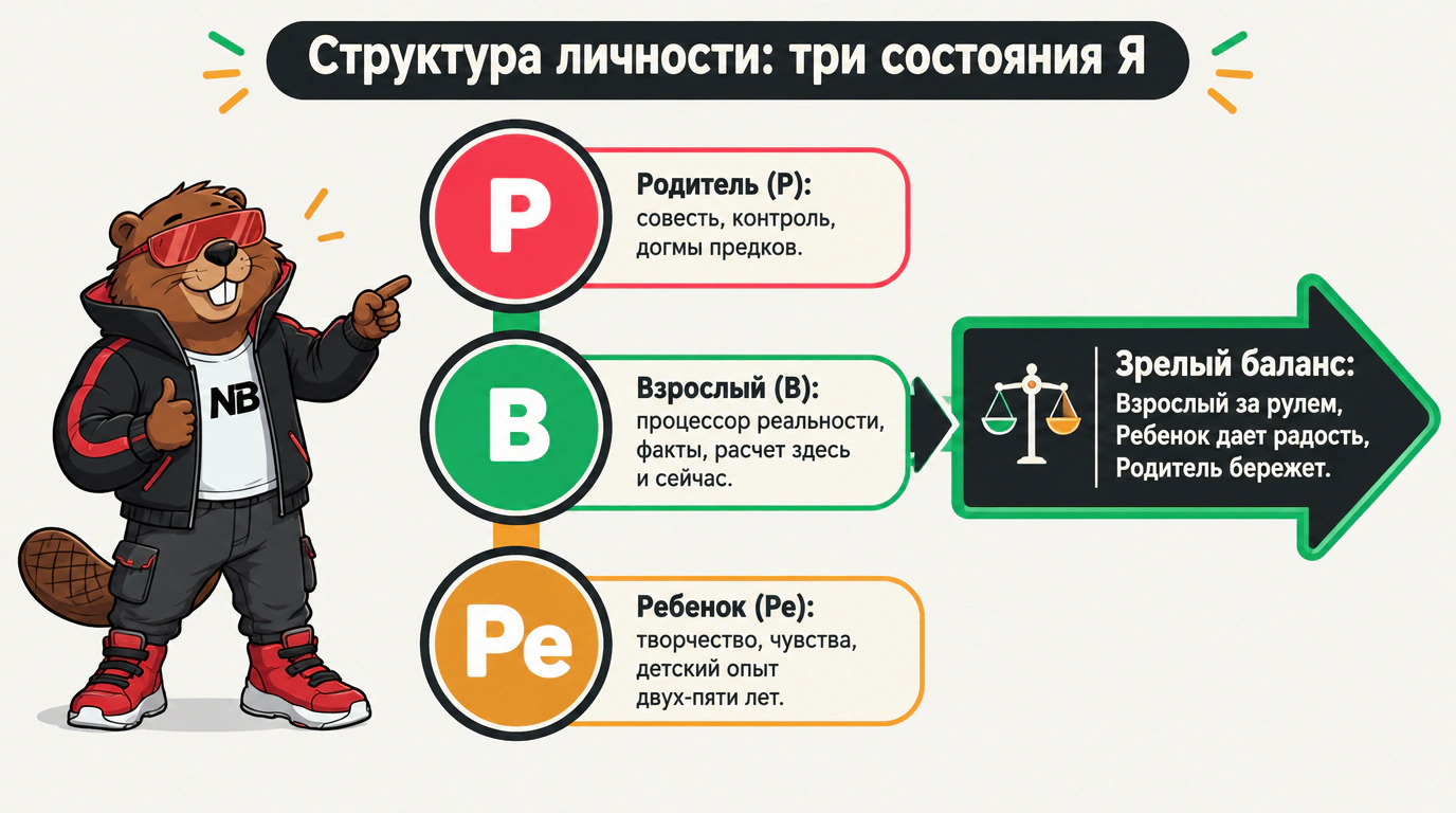Инфографика структуры трех состояний Я: Родитель, Взрослый и Ребенок с функциями и вектором зрелого баланса