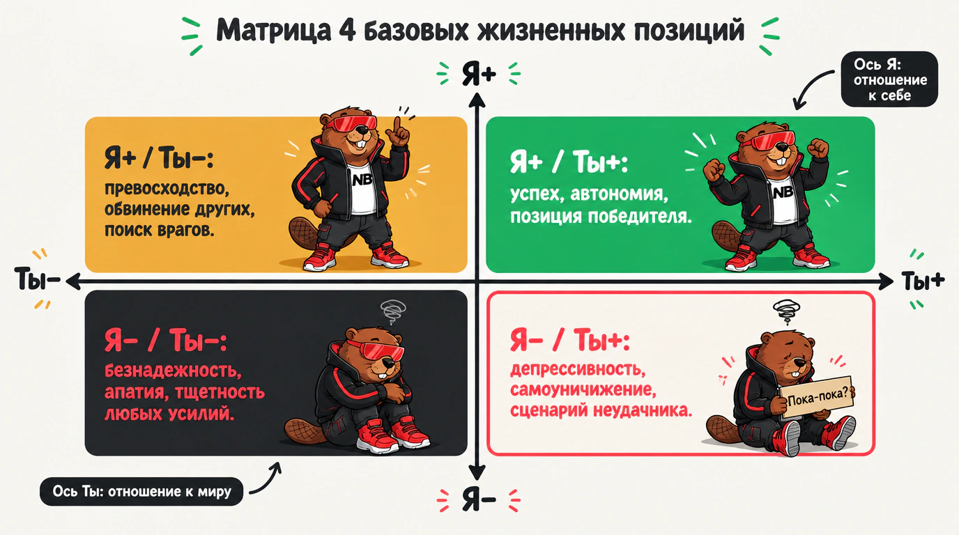Инфографика двухкоординатной матрицы четырех базовых жизненных позиций по Берну