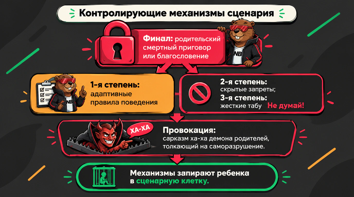 Инфографика иерархии контролирующих механизмов сценарного аппарата: финал, запреты трех степеней и провокации