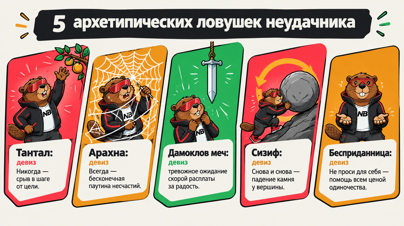 Инфографика пяти мифологических ловушек сценария неудачника и их девизов