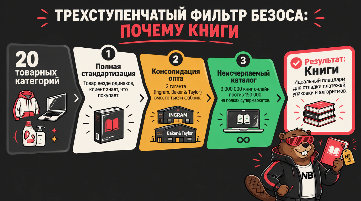 Инфографика трехступенчатого фильтра Джеффа Безоса: почему из 20 товарных категорий для старта Amazon были выбраны именно книги.