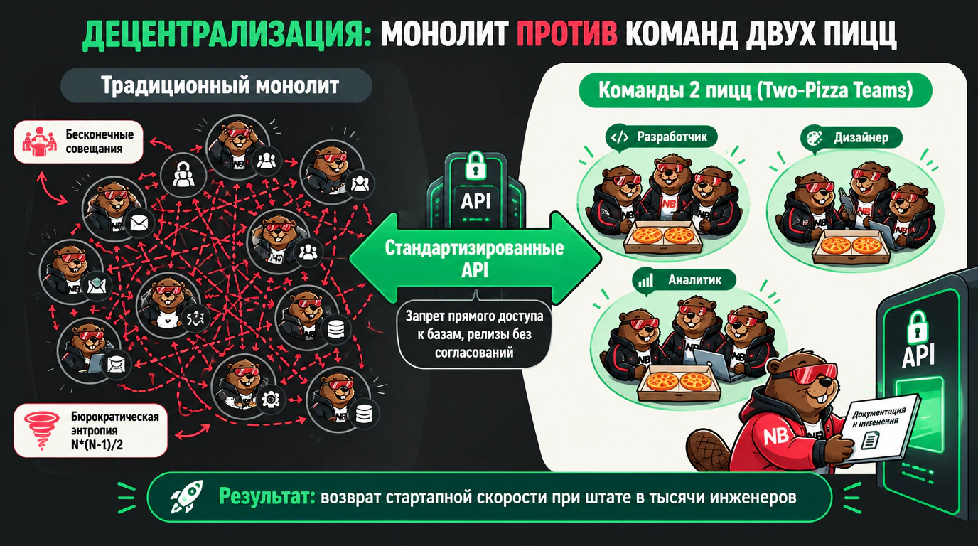 Сравнение организационных структур Amazon: традиционная бюрократия согласований против автономных команд двух пицц с интерфейсами API.