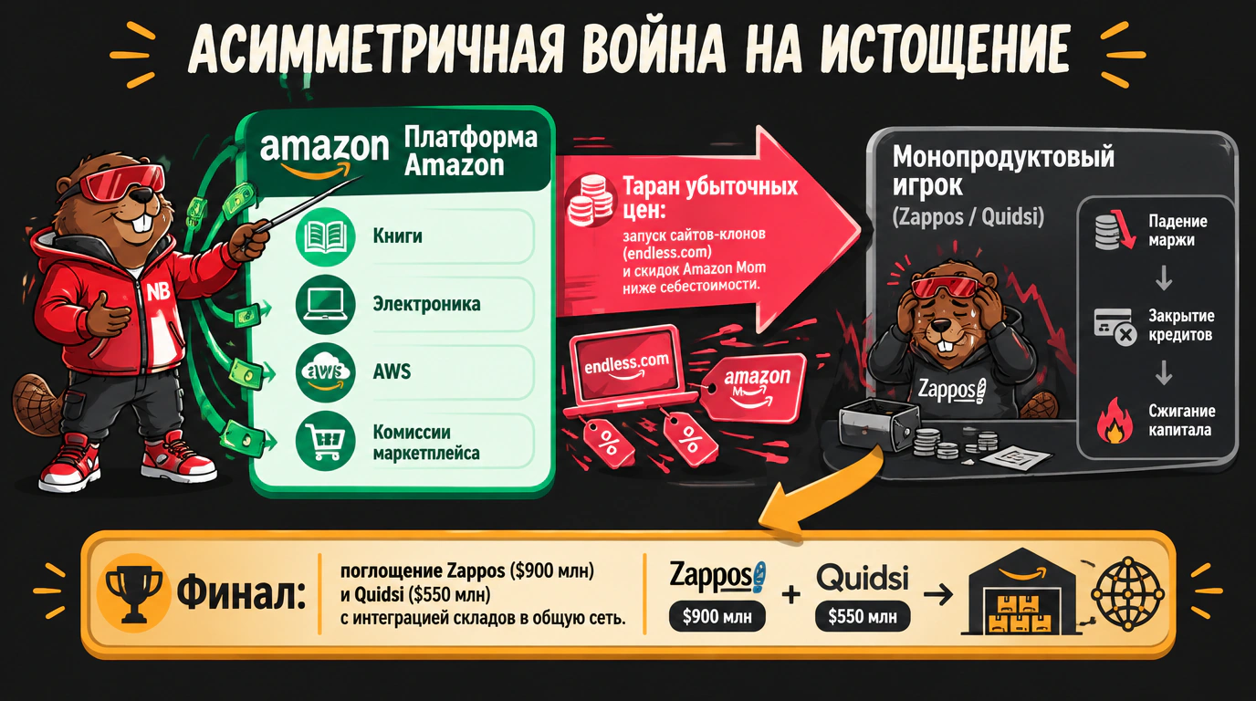 Инфографика механизма войны на истощение Amazon: как перекрестное субсидирование цен уничтожало юнит-экономику Zappos и Quidsi.