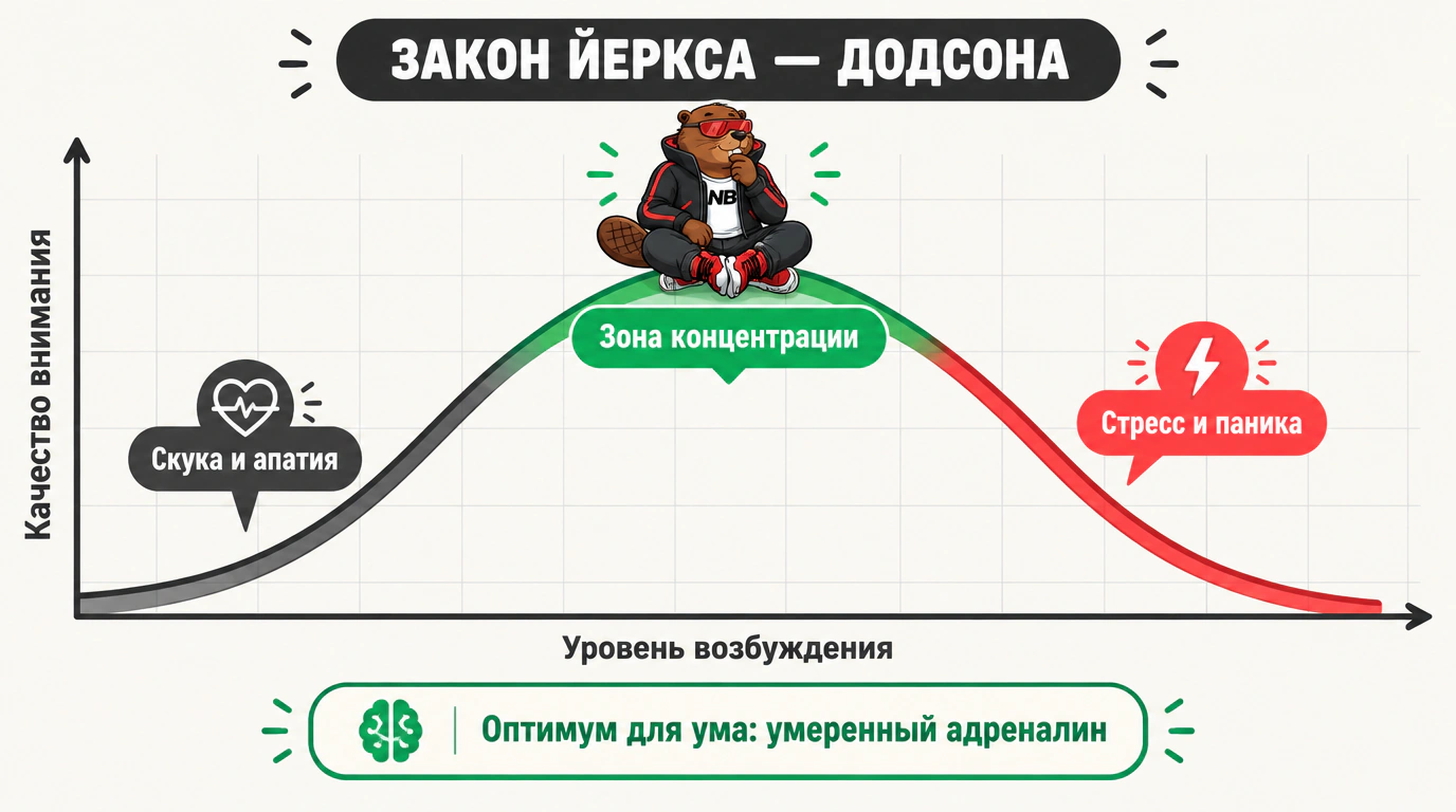 Инфографика закона Йеркса — Додсона: зависимость продуктивности от возбуждения и границы зоны концентрации