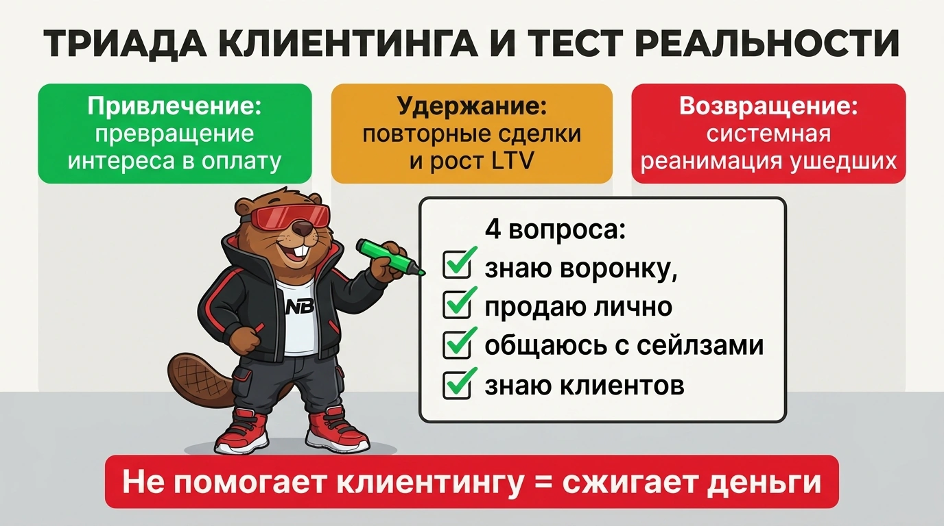 Инфографика «Триада клиентинга и 4 вопроса полевой проверки»: прикладная модель практического маркетера