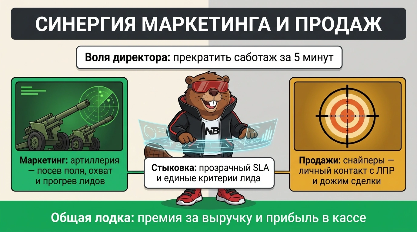 Инфографика «Разделение ролей: маркетинг и продажи»: артиллерия охвата и снайперы закрытия