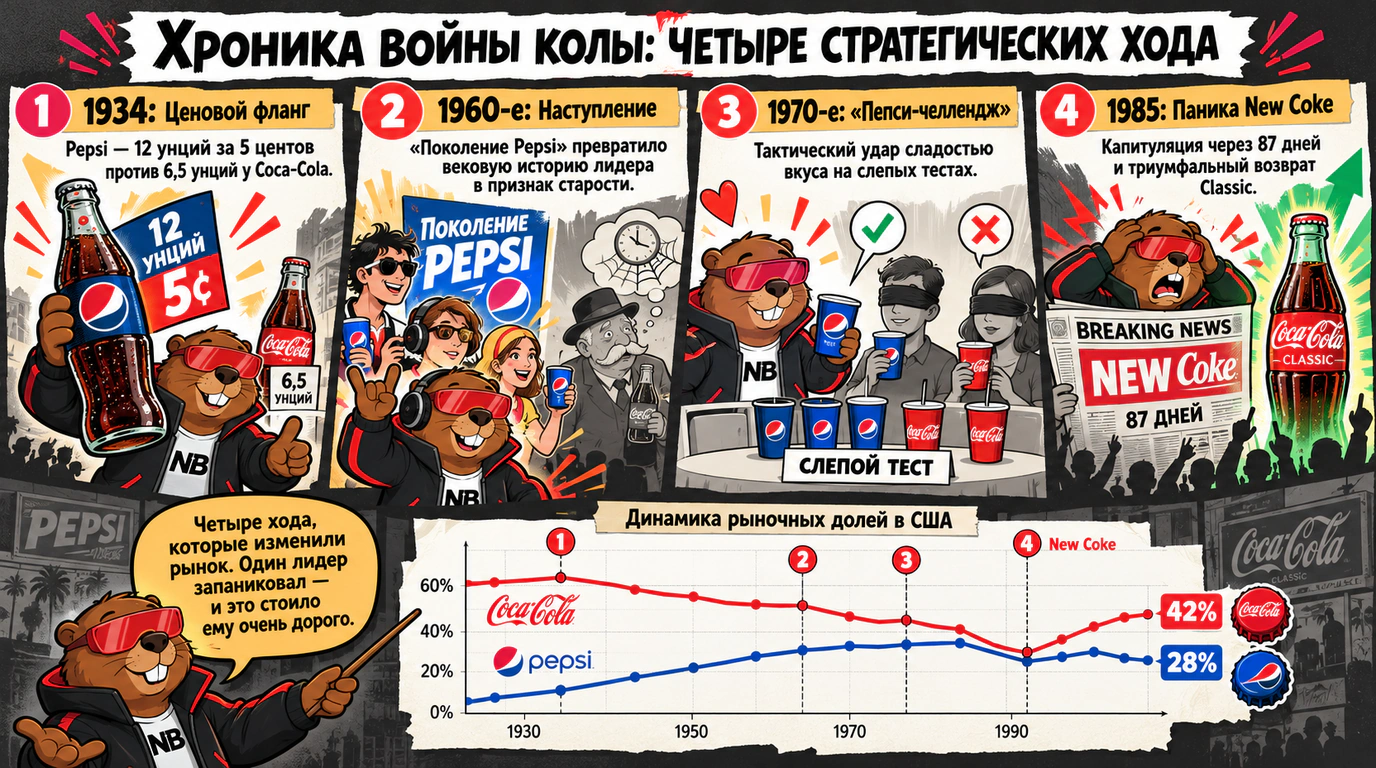 Инфографика: хроника битвы титанов колы — маневры Pepsi и роковая ошибка New Coke
