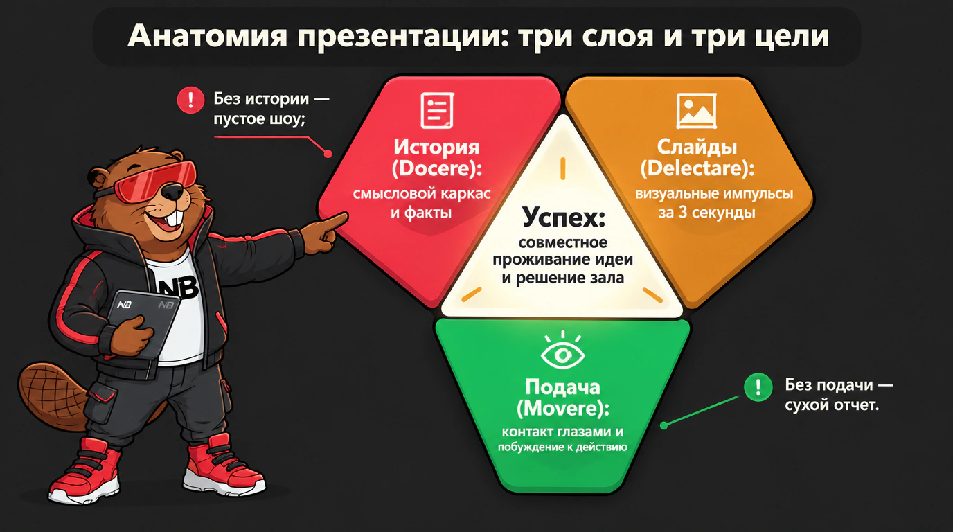 Инфографика риторического треугольника презентации: взаимосвязь истории, слайдов и подачи с целями информирования, вовлечения и побуждения.