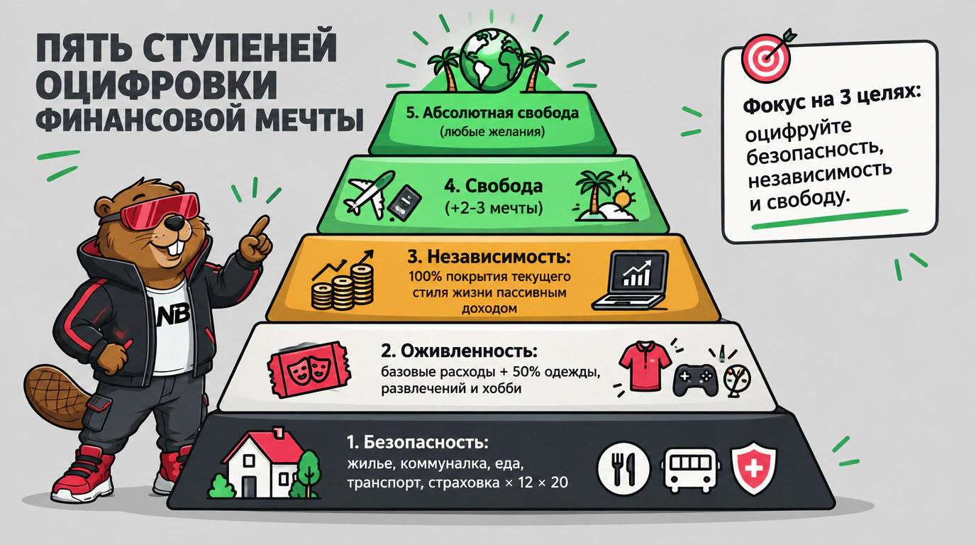 Инфографика пяти уровней финансовой мечты: от базовой безопасности до абсолютной свободы.