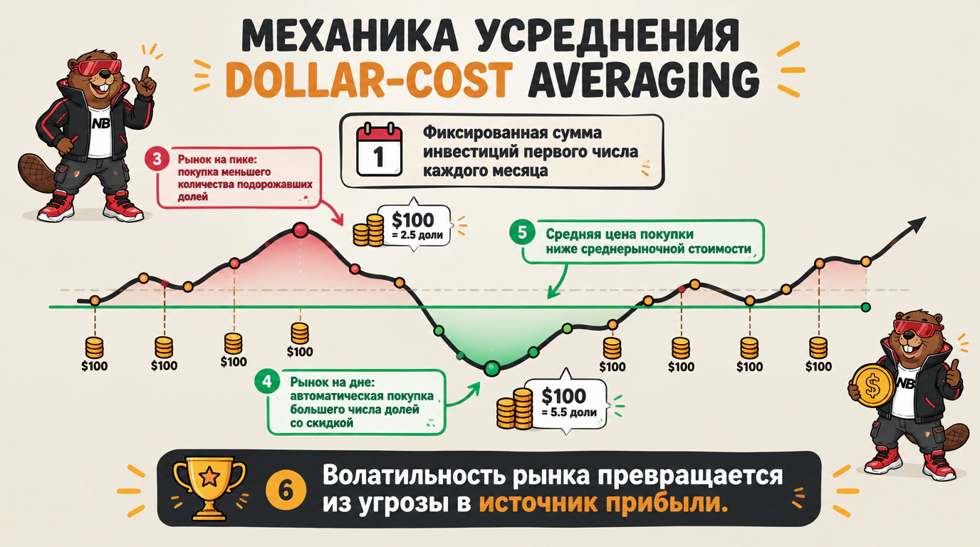 Инфографика трёх китов безопасного инвестирования и механики усреднения стоимости (Dollar-Cost Averaging).