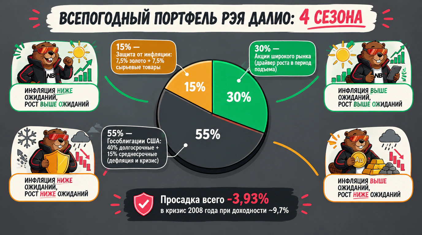 Инфографика структуры всепогодного портфеля Рэя Далио с распределением долей по четырём макроэкономическим сезонам.