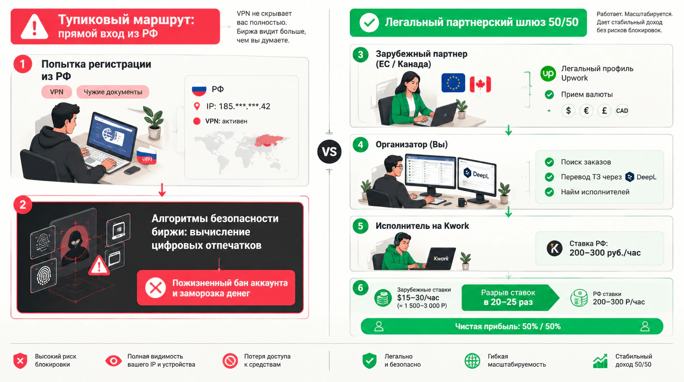 Инфографика: Анатомия схемы арбитража — сравнение тупикового входа через VPN и легального партнерского шлюза 50/50