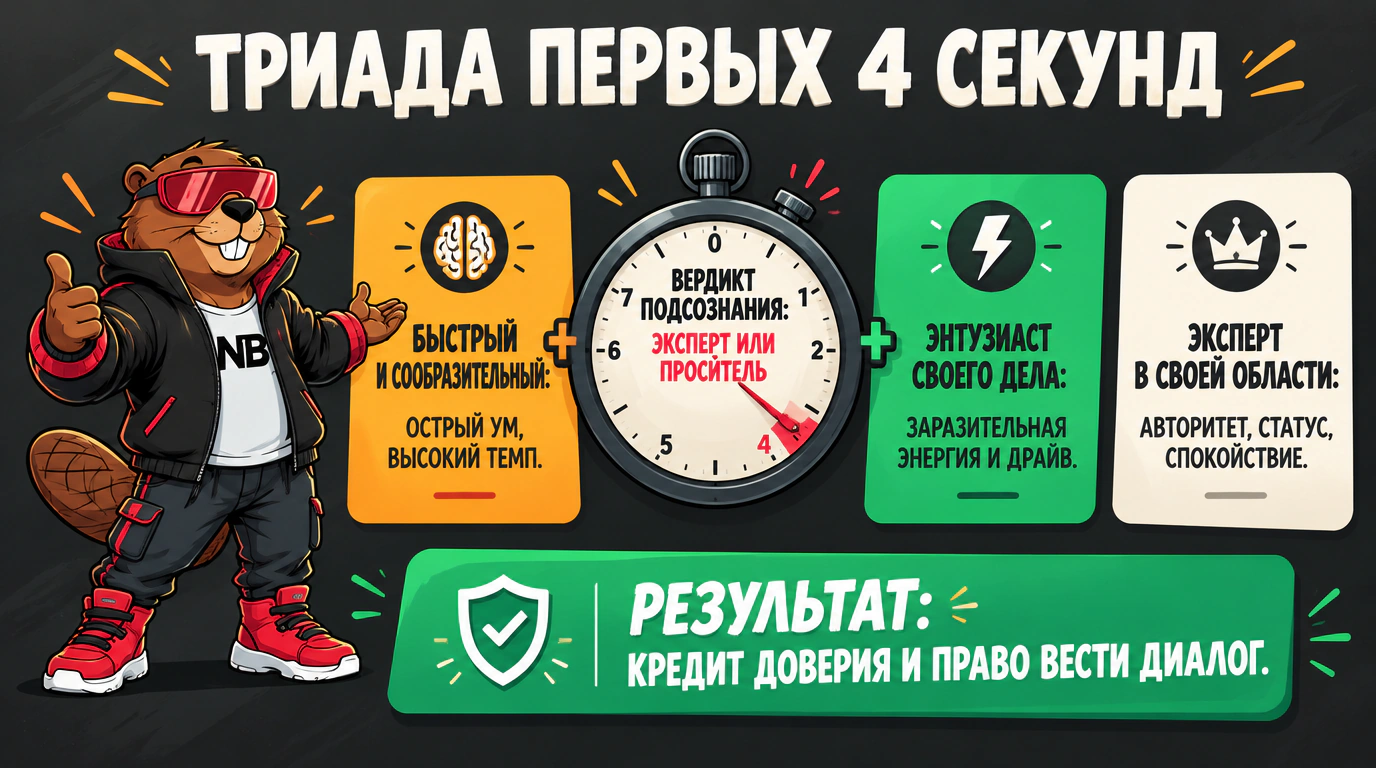 Инфографика правила четырех секунд и триады мгновенного авторитета Белфорта