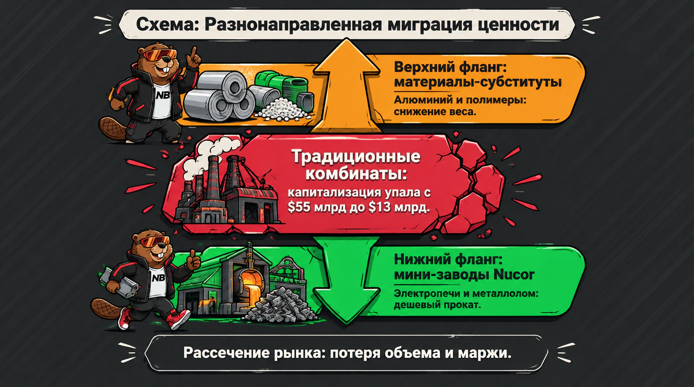 2D-инфографика разнонаправленной миграции в металлургии: атака традиционных комбинатов мини-заводами снизу и субститутами сверху