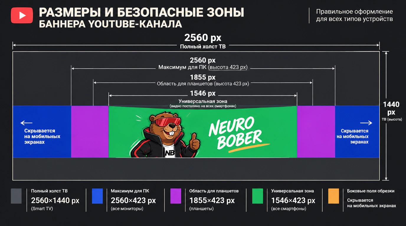 Чертеж безопасных зон баннера YouTube-канала с размерами для ТВ, компьютеров, планшетов и мобильных устройств