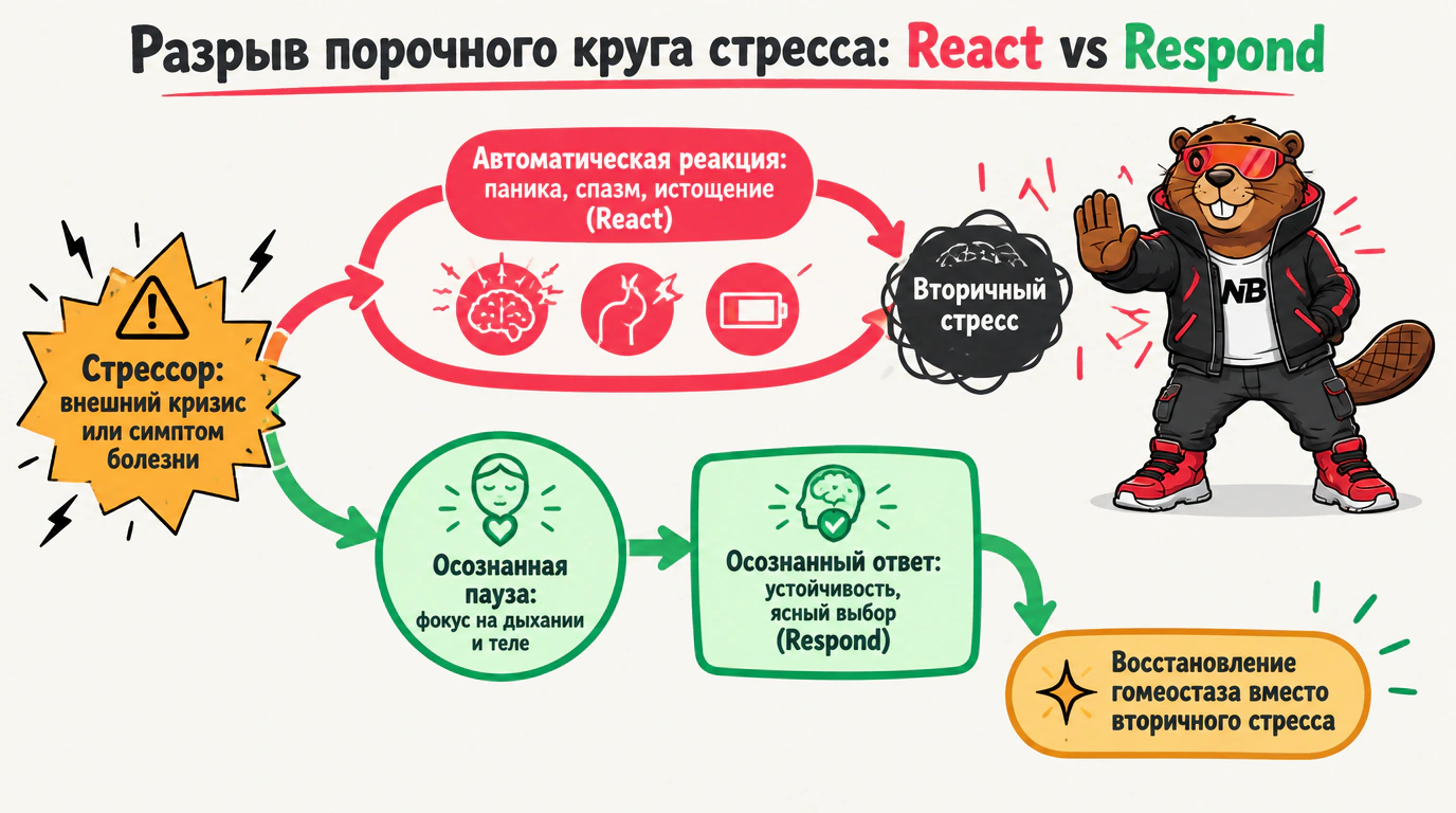 Инфографика разрыва порочного круга стресса: автоматическая реакция React против осознанного ответа Respond
