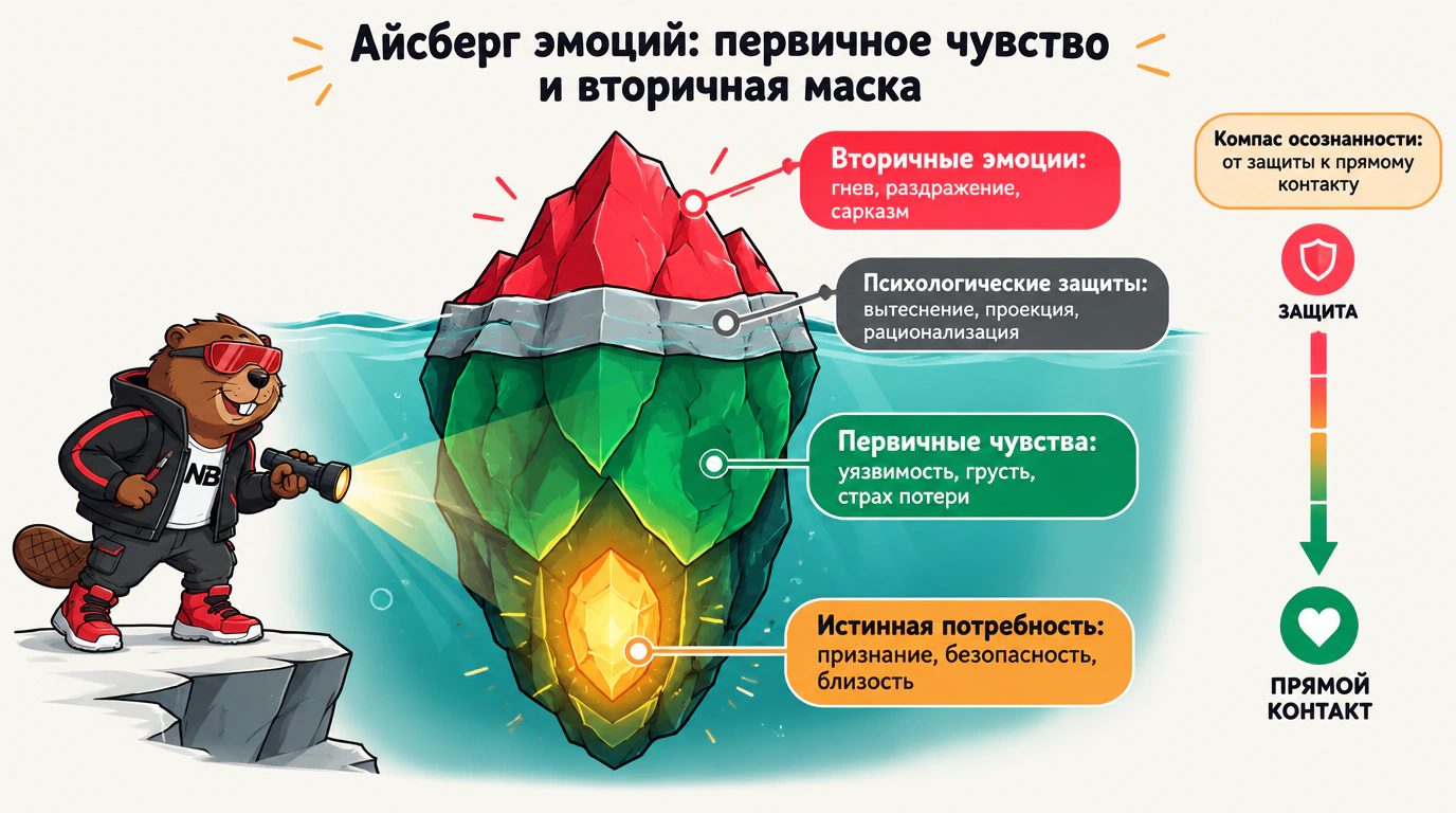Инфографика слоев эмоционального айсберга Илсе Санд: первичные чувства под маской вторичного рэкета