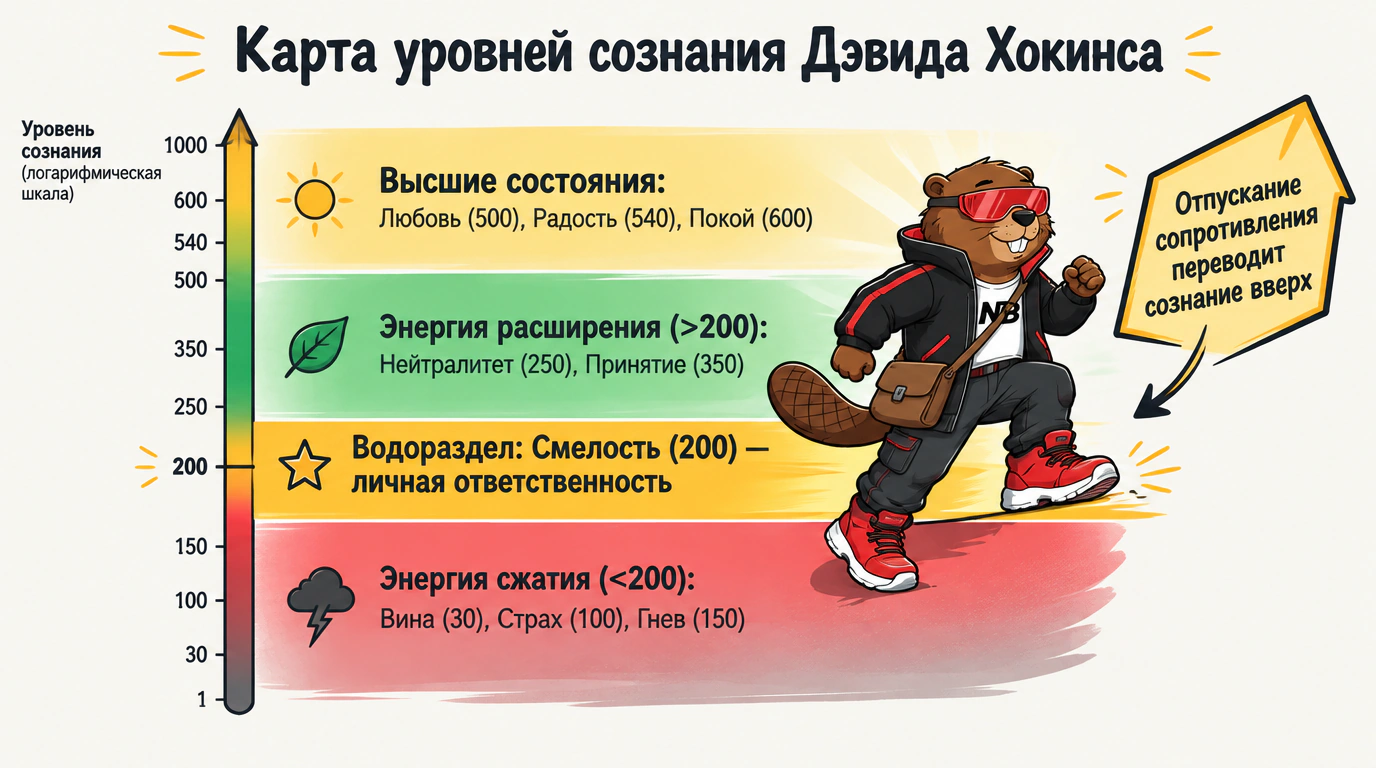 Инфографика Карты уровней сознания Дэвида Хокинса с водоразделом Смелости на отметке 200