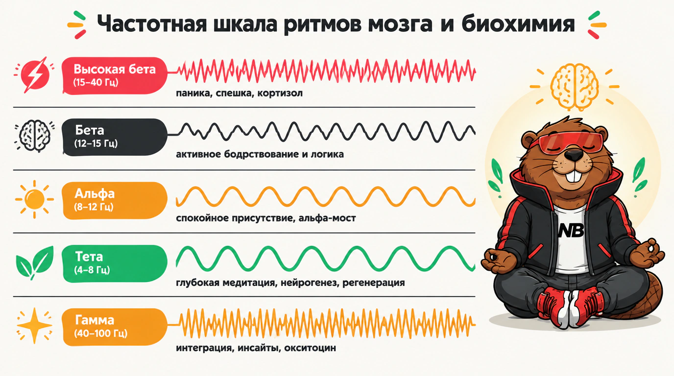 Инфографика диапазонов мозговых ритмов Доусона Черча: от высокой беты стресса к альфа-, тета- и гамма-состояниям
